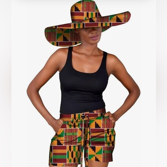 Women’s African Print High-Waist Shorts with Matching Big Hat - Picture 1 of 2